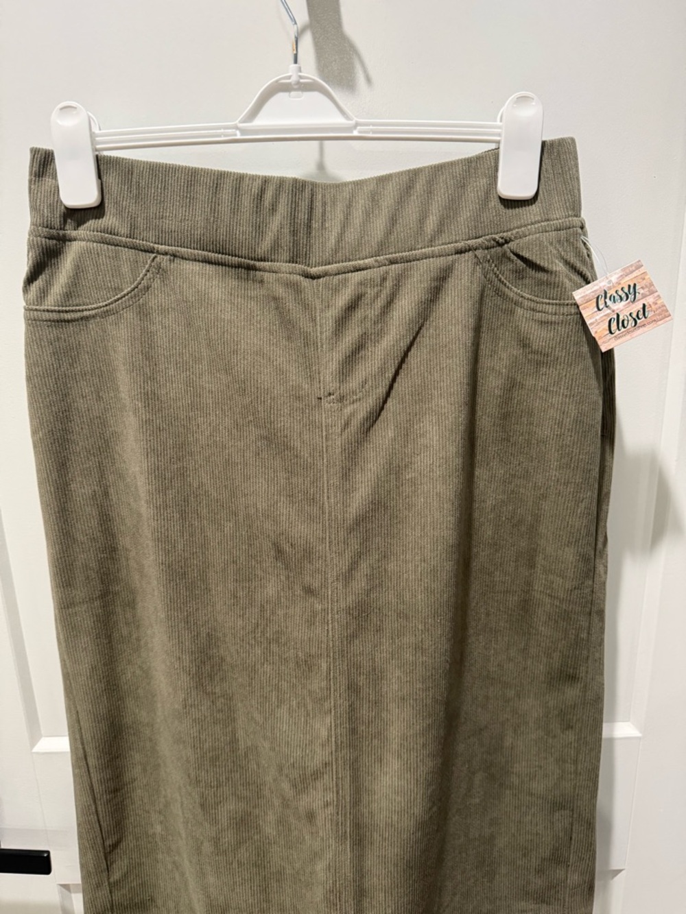 BE Girl Moss Olive Green Women's Corduroy pencil Skirt elastic waist size Xl - Picture 2 of 6